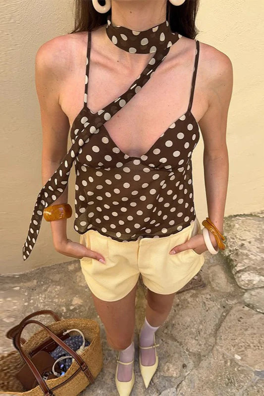 Brown Polka Dot V Neck Mesh Cami