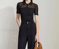 Ribbed Lapel Knitted T-Shirt