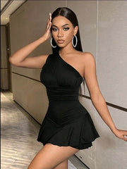 Pleated Solid Single Shoulder One Piece