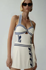 Navy Halter Strappy High Waist One Piece Swimwear