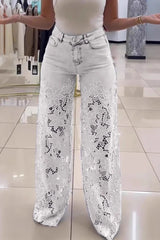 High Waist Lace Cutout Long Wide Leg Jeans