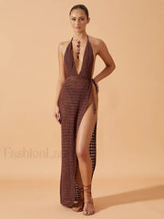 Deep V Backless Slit Maxi Cover Up