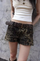 Leopard Print High Waist Wide Leg Denim Casual Shorts