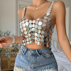 Silver Sequin Solid Backless Sexy Crop Top