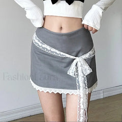 Lace Tie-Up Korean Preppy Skirt