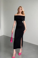 High Waist Off Shoulder Slit Formal Dress