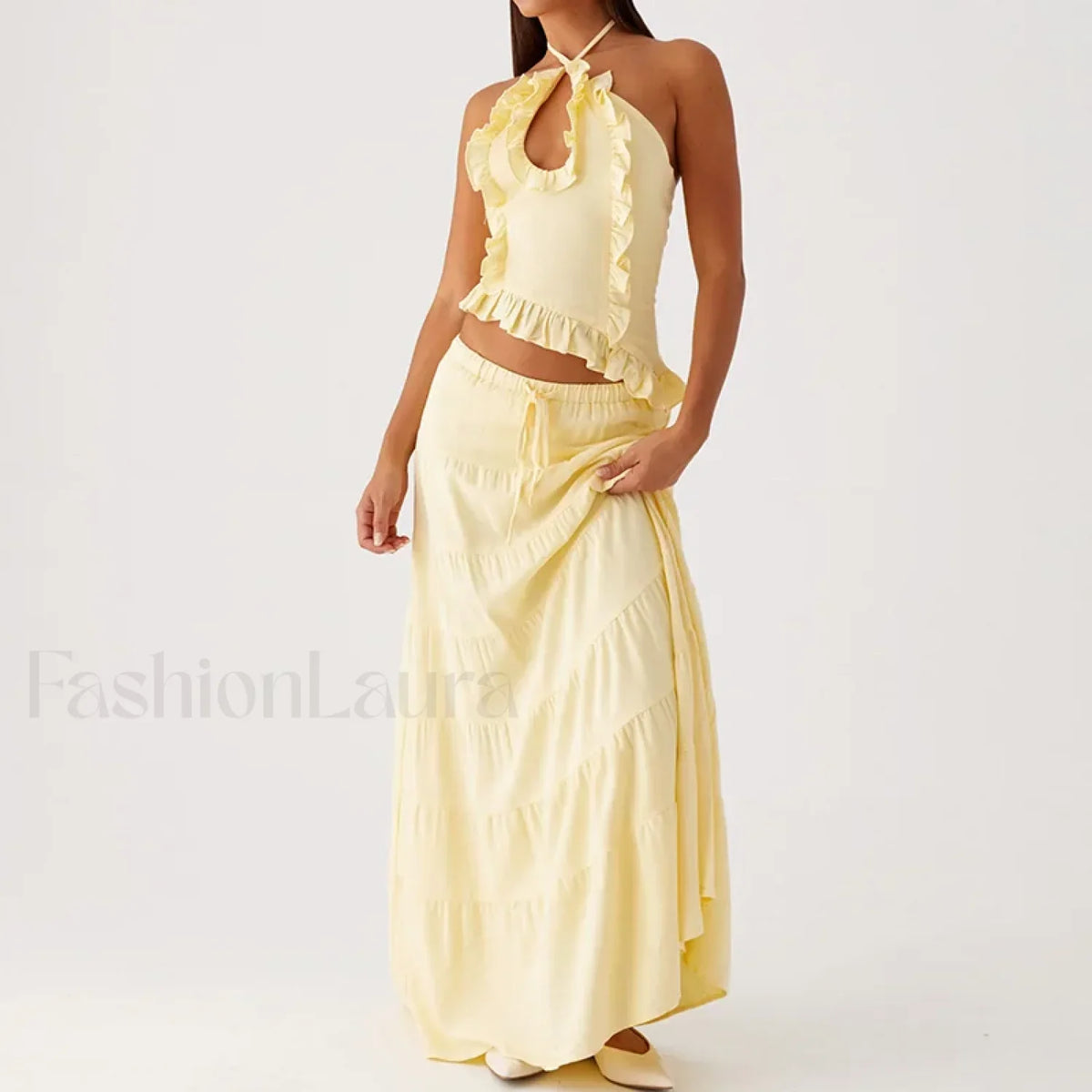 Backless Halter Tiered Skirt Two Piece Set