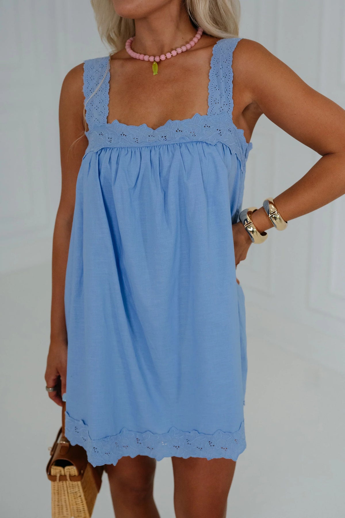 Sally Linen Lace Trim Mini Dress-Blue