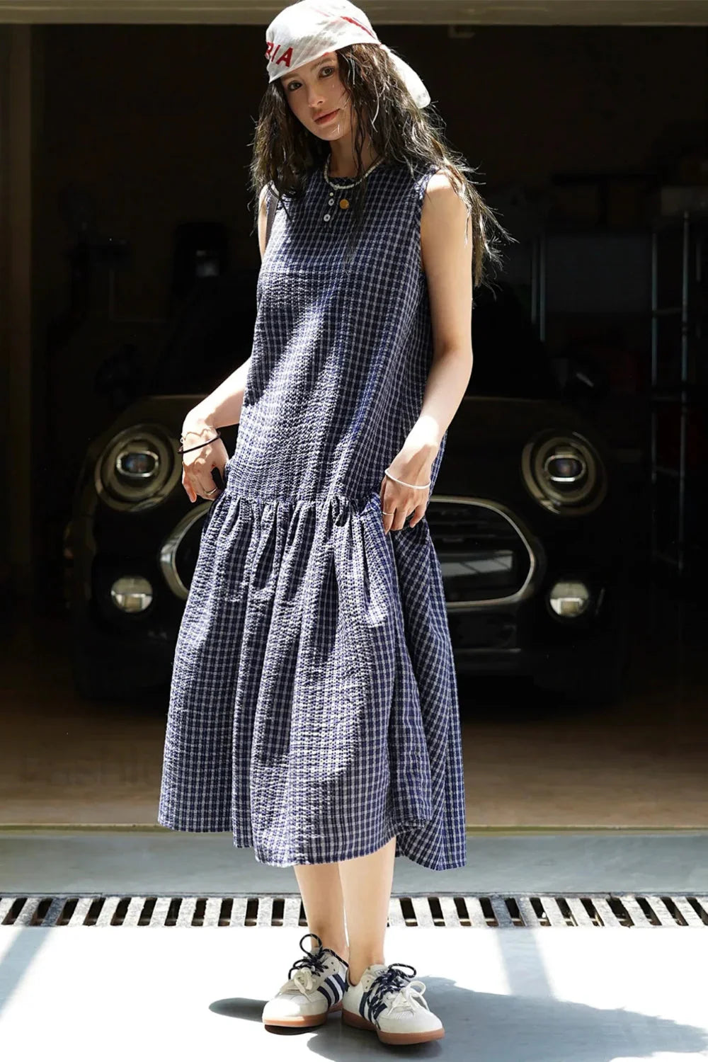 Plaid Sleeveless Loose Waist A-Line Maxi Dress