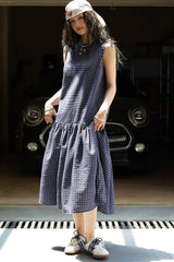 Plaid Sleeveless Loose Waist A-Line Maxi Dress
