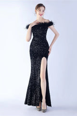 Velvet Sequin Ostrich Feather Off Shoulder Formal Dress