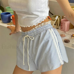 Striped Lace Trim Drawstring Elastic Waist Casual Summer Short