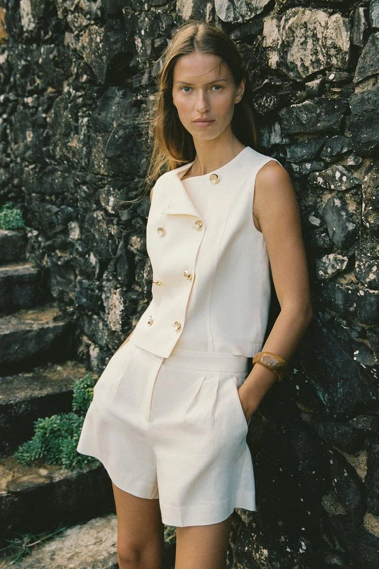 Linen Blend Pleated Casual Shorts