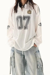 V Neck Graphic Print Oversized Raglan Long Sleeve Tee