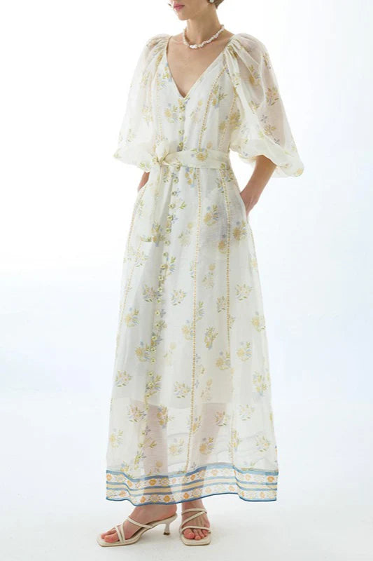 Embroidered Puff Sleeve Tie Boho Dress