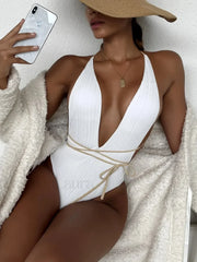 Solid Strapped High Waist Hollow One Piece
