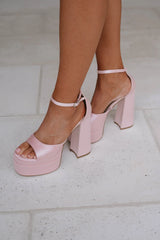 Chunky Satin Platform Heels-Pink