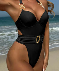 Solid Tied Halter Push Up One Piece
