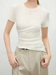Wool Slim Stripe Irregular Hem T-Shirt