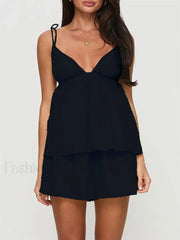 Summer V Neck Camis Ruffled Hem Tops Wide Leg Shorts Two Piece Set
