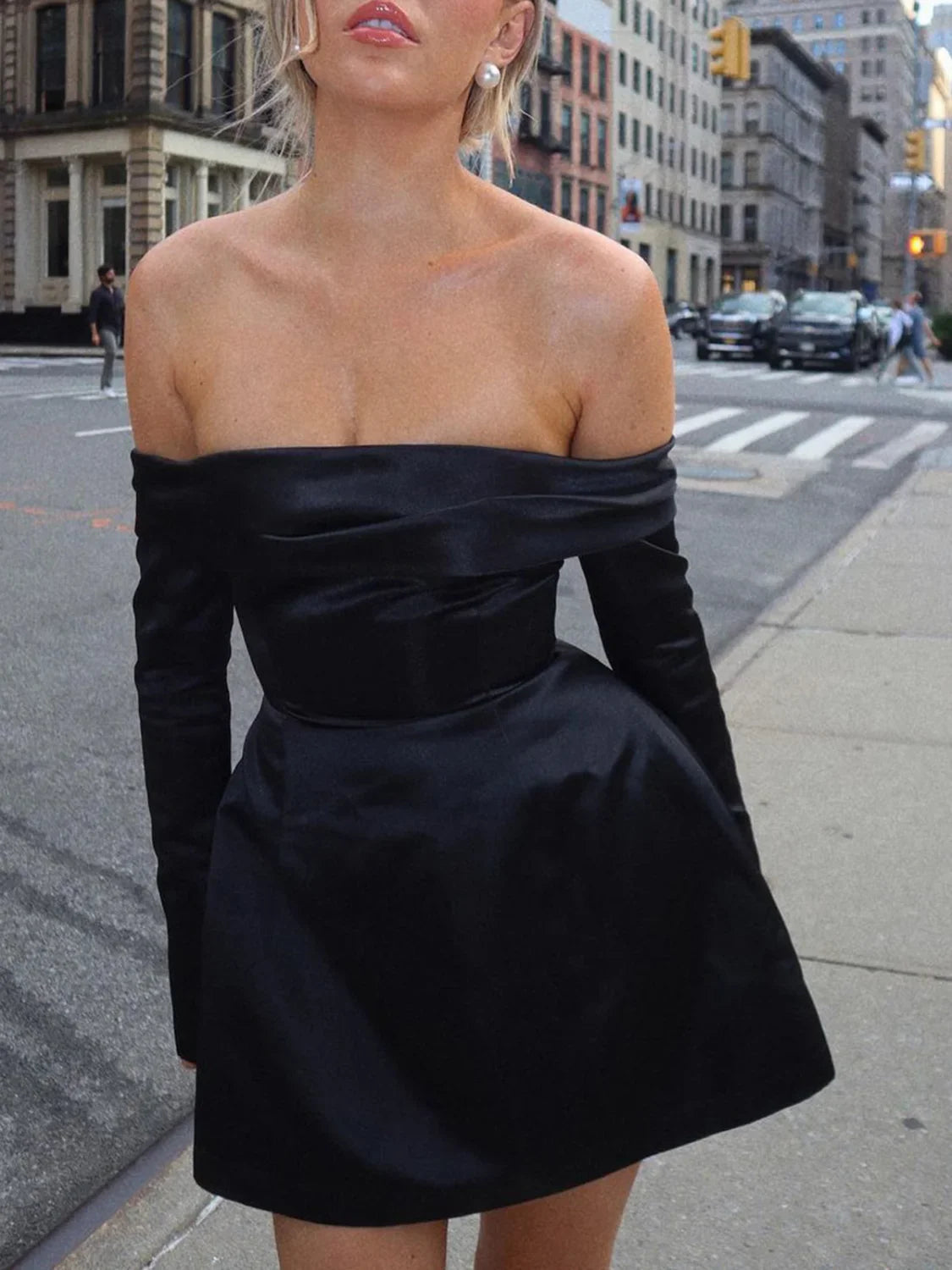 Off Shoulder Long Trendy Sleeve Overfold Mini Dress