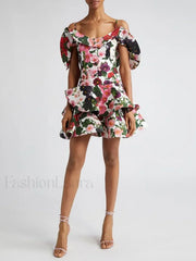 Colorblock Short-Sleeve Floral Dress