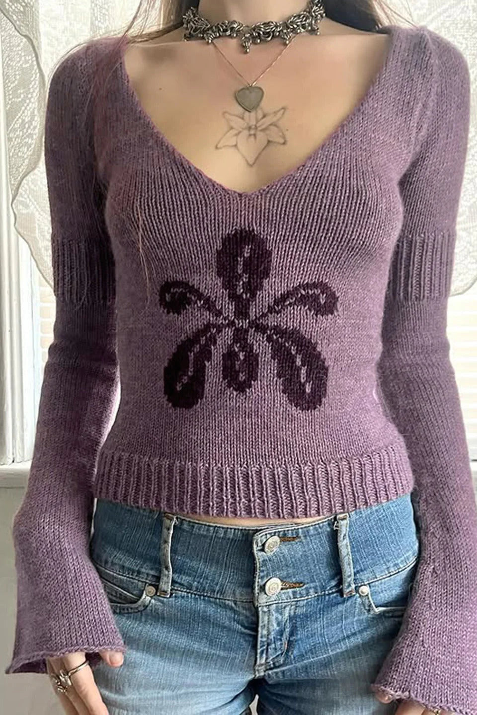 V Neck Floral Jacquard Sweater