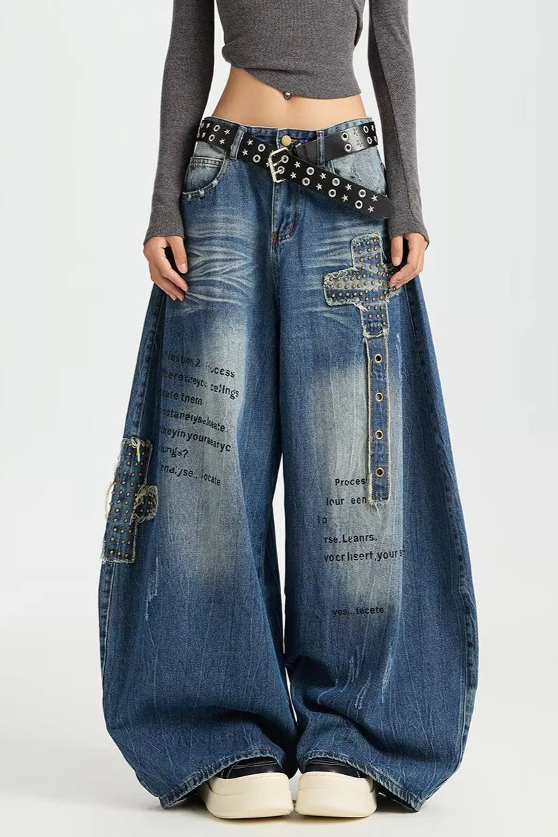 Rivet Patch Curved Leg Loose Retro Hip Hop Jeans