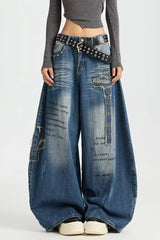 Rivet Patch Curved Leg Loose Retro Hip Hop Jeans