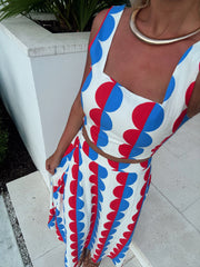 Retro Print Midi Skirt Set-Red