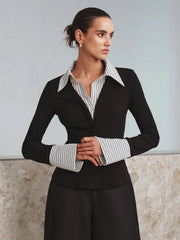 Mock Two-Piece Long-Sleeve Two Tone Polo Top