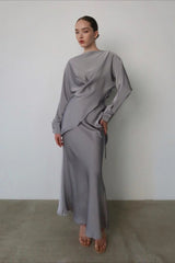 Solid Satin Cinched Waist Skirt Set