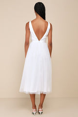 Dreamy Presence White Tulle Floral Applique Bow Midi Dress