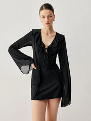 Ruffled Long Sleeve Trendy Tie Patchwork Short Dress