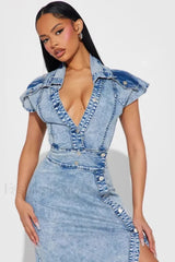 Retro Button Split Denim Maxi Dress