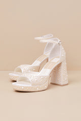 Pandro Pearl True White Satin Platform High Heel Sandals