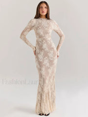 Lace Print Long Sleeve Maxi Dress