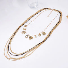 Layered Bead Chain Geometric Charm Statement Necklace