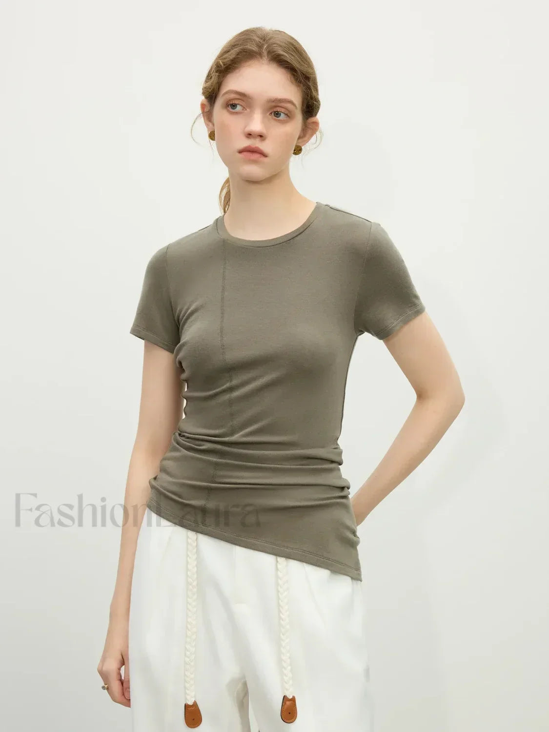 Wool Slim Stripe Irregular Hem T-Shirt