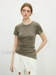 Wool Slim Stripe Irregular Hem T-Shirt