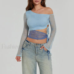 Fashion Sexy Lace Long Sleeve Oblique Neck T-Shirt