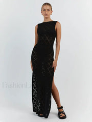 Cut Out Slit Knit Mesh Pareo Tunic Style Cover-ups