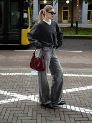 Fashion Solid Color V Neck Knitted Pullover Women Casual Long Sleeves Loose Sweater