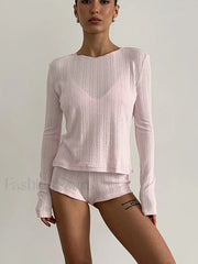 Loose Long Sleeve Knitted Shorts Two Piece Set