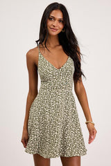 Sweetest Crush Green Floral Lace-Up Sleeveless Mini Skater Dress