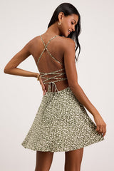 Sweetest Crush Green Floral Lace-Up Sleeveless Mini Skater Dress