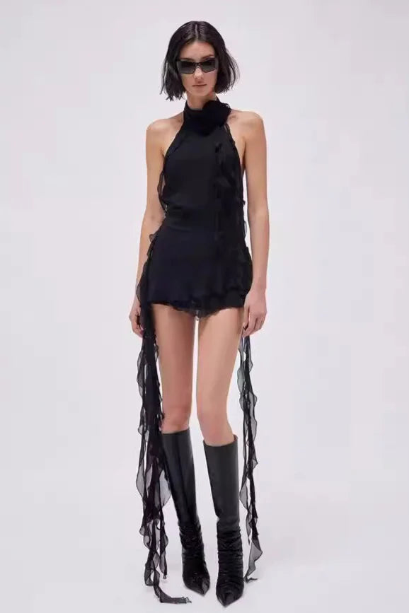 Asymmetric Rose Halter  Mini Dress