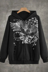 Gothic Wing Print Zip Up Hoodie