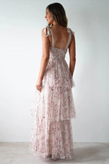 Pink Backless Strap Tiered Floral Dress