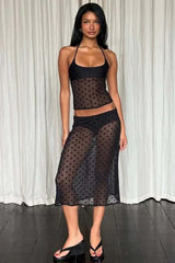 Polka Dot Mesh Halter Sheer Midi Skirt Set